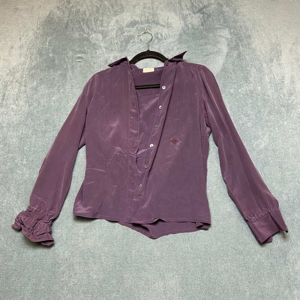 Celine Shirt Womens 40 Purple Silk Long Sleeve Logo Classic Button Front